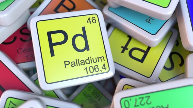 Palladium Pd block on the pile of periodic table of the chemical elements blocks. Chemistry related intro animation