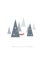 Christmas card vector template with winter landscape and fox between snowy trees.