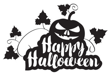 Happy Halloween lettering with pumpkin. Vector calligraphic inscription for banner, poster, greeting card, party invitation.