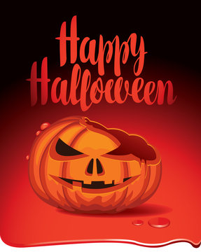 Vector Halloween banner with inscription and broken pumpkins head in a puddle of blood. Flyer or invitation template for Halloween party.