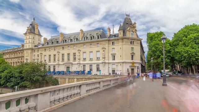 Building of Cour de cassation and traffic on Saint-Michel bridge timelapse hyperlapse in Paris, France