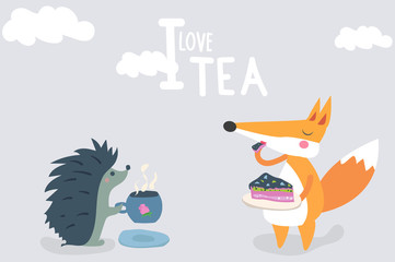 Hedgehog drinking tea, and the Fox eat the cake. I love to drink tea. vector