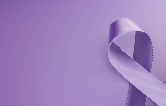 Awareness purple ribbon. Realistic purple ribbon, epilepsy awareness symbol, isolated on violet background. Vector illustration