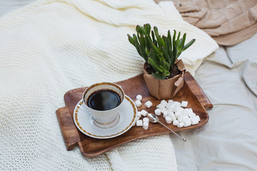 Morning cup coffee or tea with croissant apartment interiour