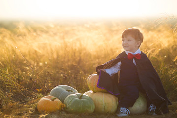 Happy young boy dressed as a dracula with pumpkins for Halloween