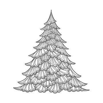 Christmas tree. Contour drawing. Good for coloring page for the adult coloring book. 