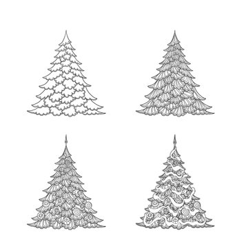 Set of Christmas trees. Contour drawing. Good for coloring page for the adult coloring book. 