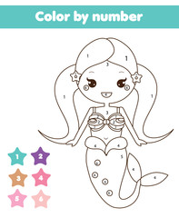 Children educational game. Coloring page with mermaid. Color by numbers, printable activity