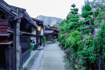 Kiso valley is the old  town or Japanese traditional wooden buildings for the travelers walking at historic old street  in Narai-juku , Nagano Prefecture, JAPAN.