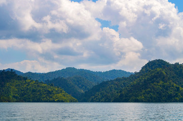 Beautiful mountains lake river sky and natural attractions in Ratchaprapha Dam at Khao Sok National Park, Surat Thani Province, Thailand