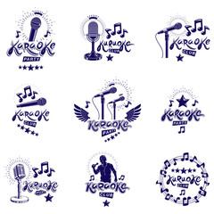 Set of social telecommunication theme logotypes, emblems and posters. Earth globe, microphones and megaphones devices vector illustrations created with news writing.