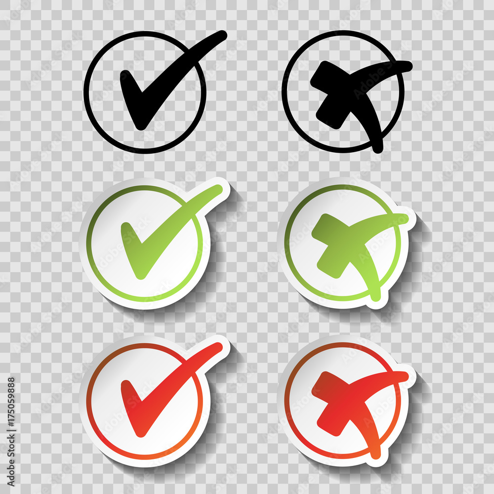 Poster vector check mark black, green and red simple symbols on transparency background, circular buttons w