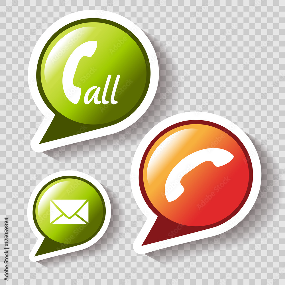Poster vector phone call icons on the transparent background, buttons with symbol of earphone and envelope 