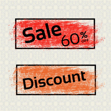 Vector brush stroke, labels with black text of Sale and Discount. Offer with redand orange stratched spot.
