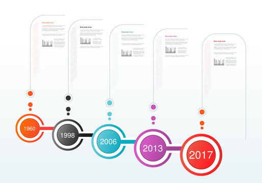 Vector infographics timeline design. Template with circular labels. Company Milestones. Background for business, infographic, diagram, flowchart, process, time line.