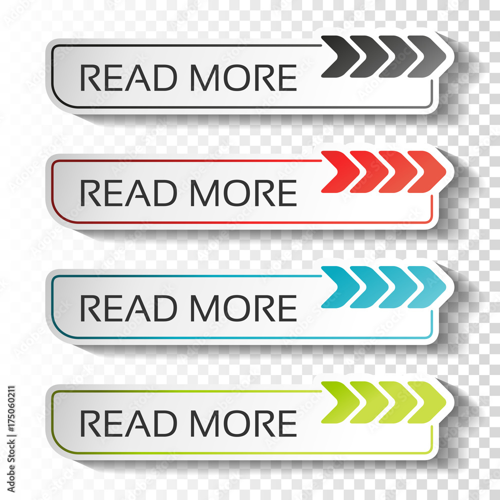 Poster vector read more buttons with arrow pointer. black, blue, red and green labels. stickers with shadow
