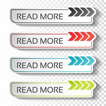 Vector read more buttons with arrow pointer. Black, blue, red and green labels. Stickers with shadow on transparent background for business, information page, menu, options, navigation.