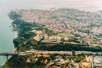 Fototapeta premium Aerial Airplane View Of Lisbon City In Portugal