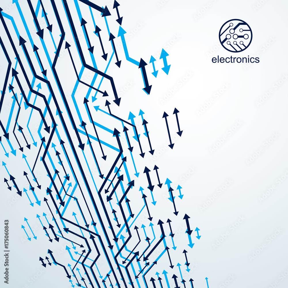 Poster vector abstract computer circuit board illustration, technology element with connections and arrows.