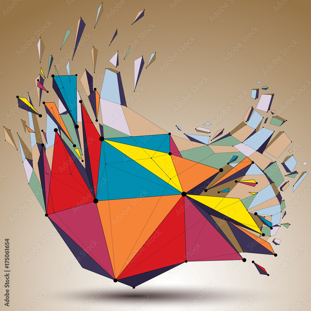 Poster perspective technology demolished shape with lines and dots connected, bright polygonal wireframe ob