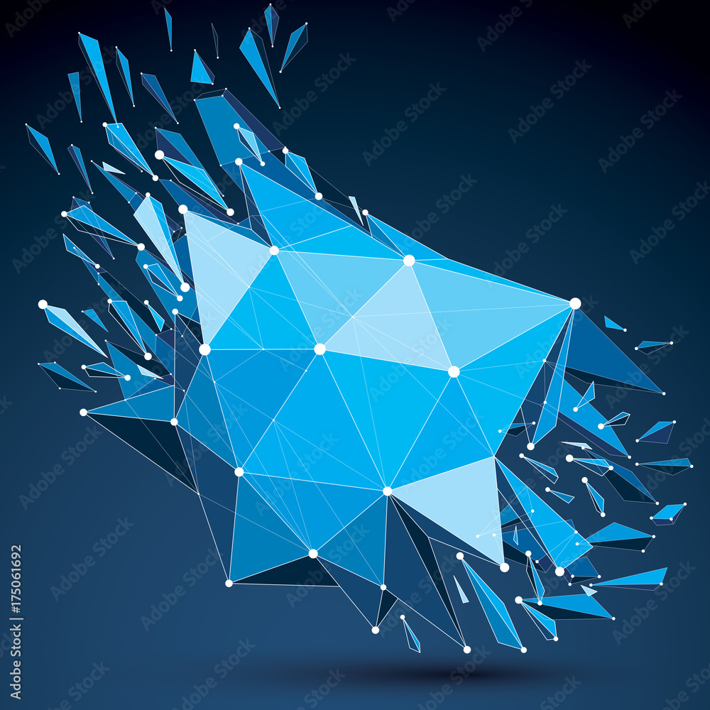 Poster 3d vector digital wireframe object broken into different particles and fragments, geometric polygona