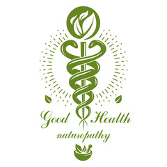 Caduceus vector conceptual emblem created with mortar and pestle. Wellness and harmony metaphor. Alternative medicine concept, phytotherapy logo.