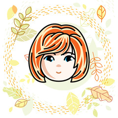 Girls face, human head. Vector character, beautiful red-haired teenager with stylish haircut.