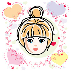 Vector illustration of beautiful blonde girl face, positive face features, romantic style clipart.