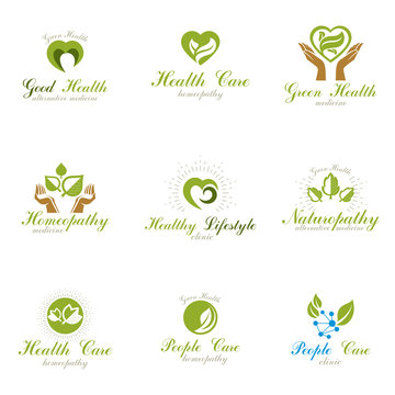 Homeopathy creative symbols collection. Naturopathy conceptual vector emblems created using green leaves, heart shapes, religious crosses and caring hands.