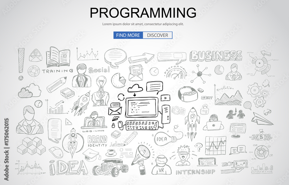 Poster programming concept with business doodle design style: online resources, coding skills, elearning ti