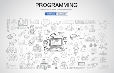 Programming concept with Business Doodle design style: online resources, coding skills, elearning tips.