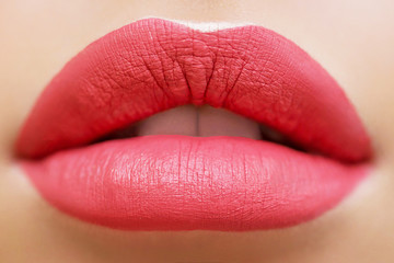 bright coral beautiful lipstick, gloss on the lips, open mouth, cosmetics, makeup, advertising,...