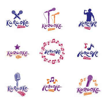 Set of vector emblems and leaflets created using musical notes, stage and recorder microphones and other audio equipment. Live music concert and karaoke invitation posters.