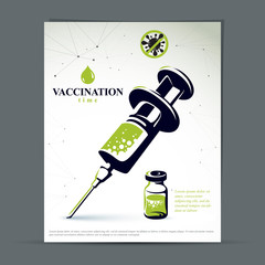 Get your flu shot marketing presentation poster. Vector graphic illustration of a bottle with medicine and disposable syringe for injections to kill a virus.