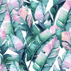 Watercolor banana leaf seamless pattern.