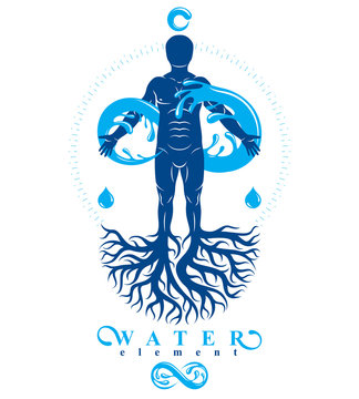 Vector illustration of human being, strong athlete with tree roots and limitless symbol composed from water splash. Human water consumption idea.