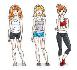 Attractive young women posing wearing stylish sport clothes, sportswoman and fitness people. Vector characters set.