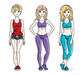 Attractive young women posing wearing stylish sport clothes, sportswoman and fitness people. Vector characters set.