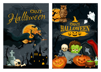 Halloween poster with pumpkin, ghost and witch