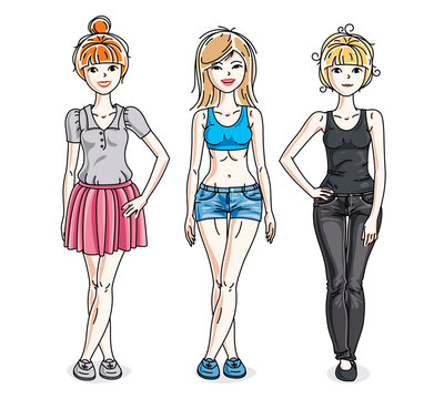 Happy young women posing wearing fashionable casual clothes. Vector people illustrations set. Fashion and lifestyle theme cartoons.