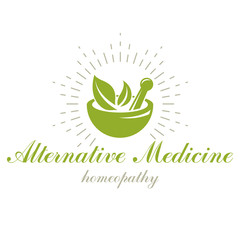 Mortar and pestle graphic vector symbol composed with green leaves. Homeopathy creative logo for use in medicine, rehabilitation or pharmacology.