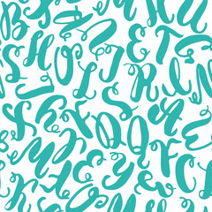 Hand drawn blue alphabet letters seamless pattern. Ink sketch texture and background.