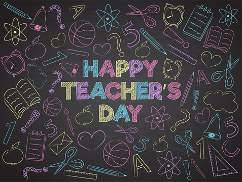 Happy Teacher's Day - banner with funny doodles on blackboard. Vector.