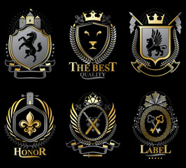 Set of vector retro vintage insignias created with design elements like medieval castles, armory, wild animals, imperial crowns. Collection of coat of arms.