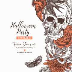 Halloween party design template. Vintage floral anatomy background. Vector illustration