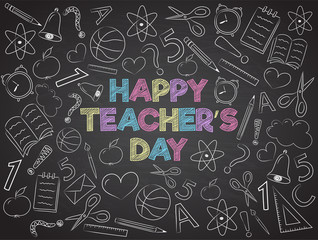 Happy Teacher's Day - banner with funny doodles on blackboard. Vector.