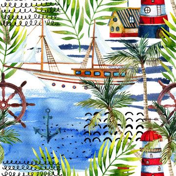 Watercolor adventure seamless pattern in marine style.