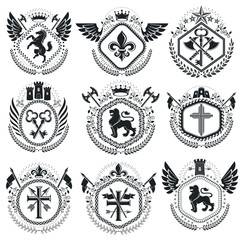 Old style heraldry, heraldic emblems, vector illustrations. Coat of Arms collection, vector set.