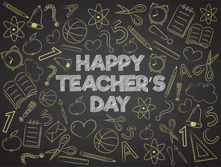 Fototapeta na wymiar Happy Teacher's Day - banner with funny doodles on blackboard. Vector.