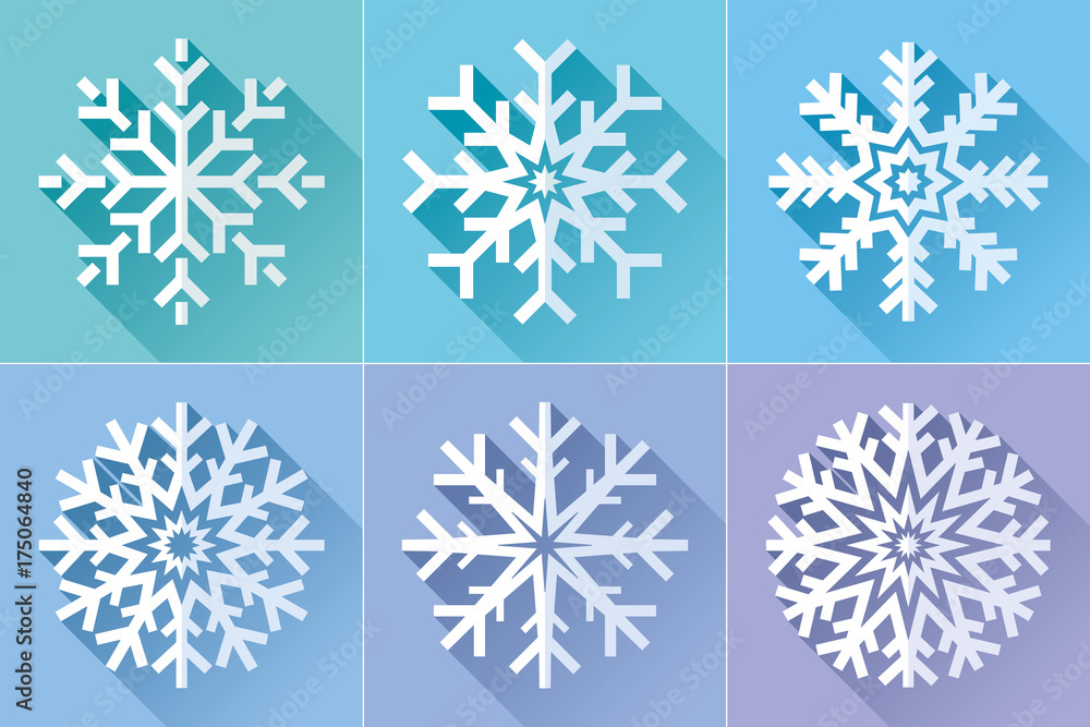 Poster snowflake icon set in flat style. сold colors background. ice crystals. vector winter design element